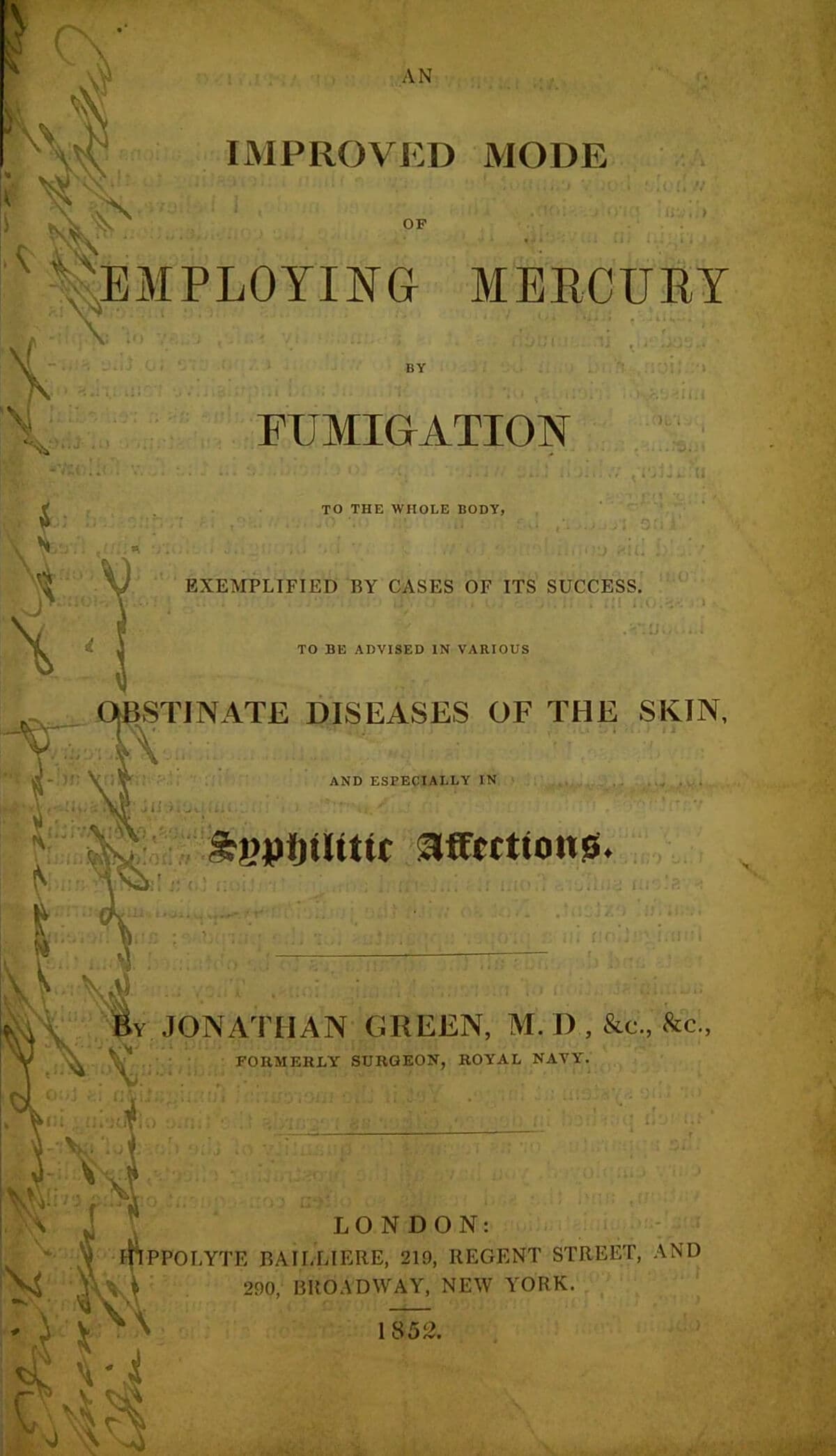 Title page of an 1852 pamphlet on employing mercury by fumigation, including syphilitic affections.