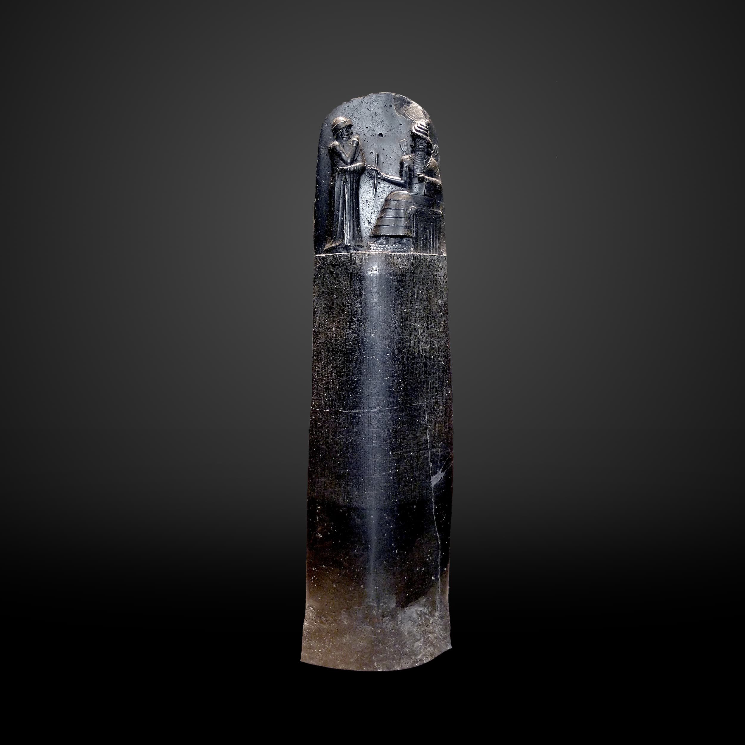 Front view of the stele of Hammurabi in the Louvre Museum.