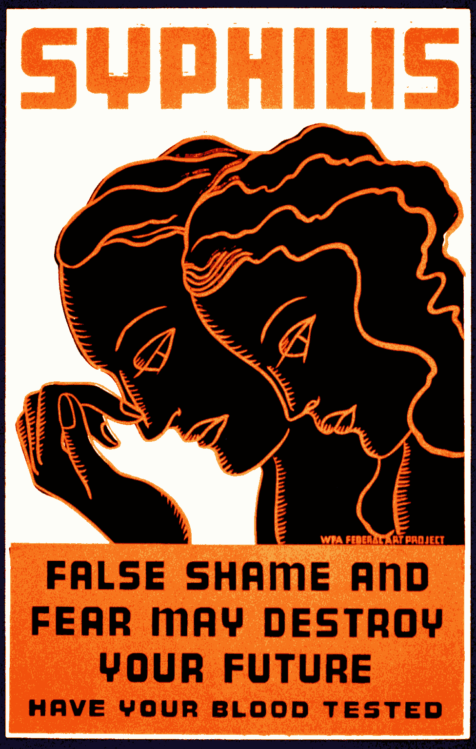 1930s public-health poster urging syphilis testing and warning against shame.