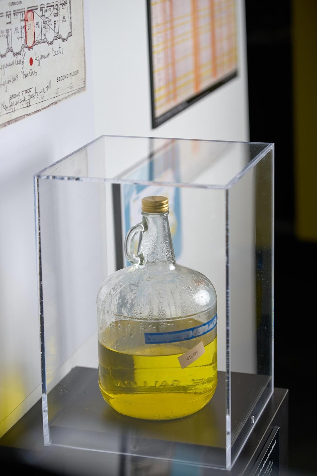 Glass jug of cooling-system water from the Bellevue-Stratford Hotel displayed at the CDC museum.