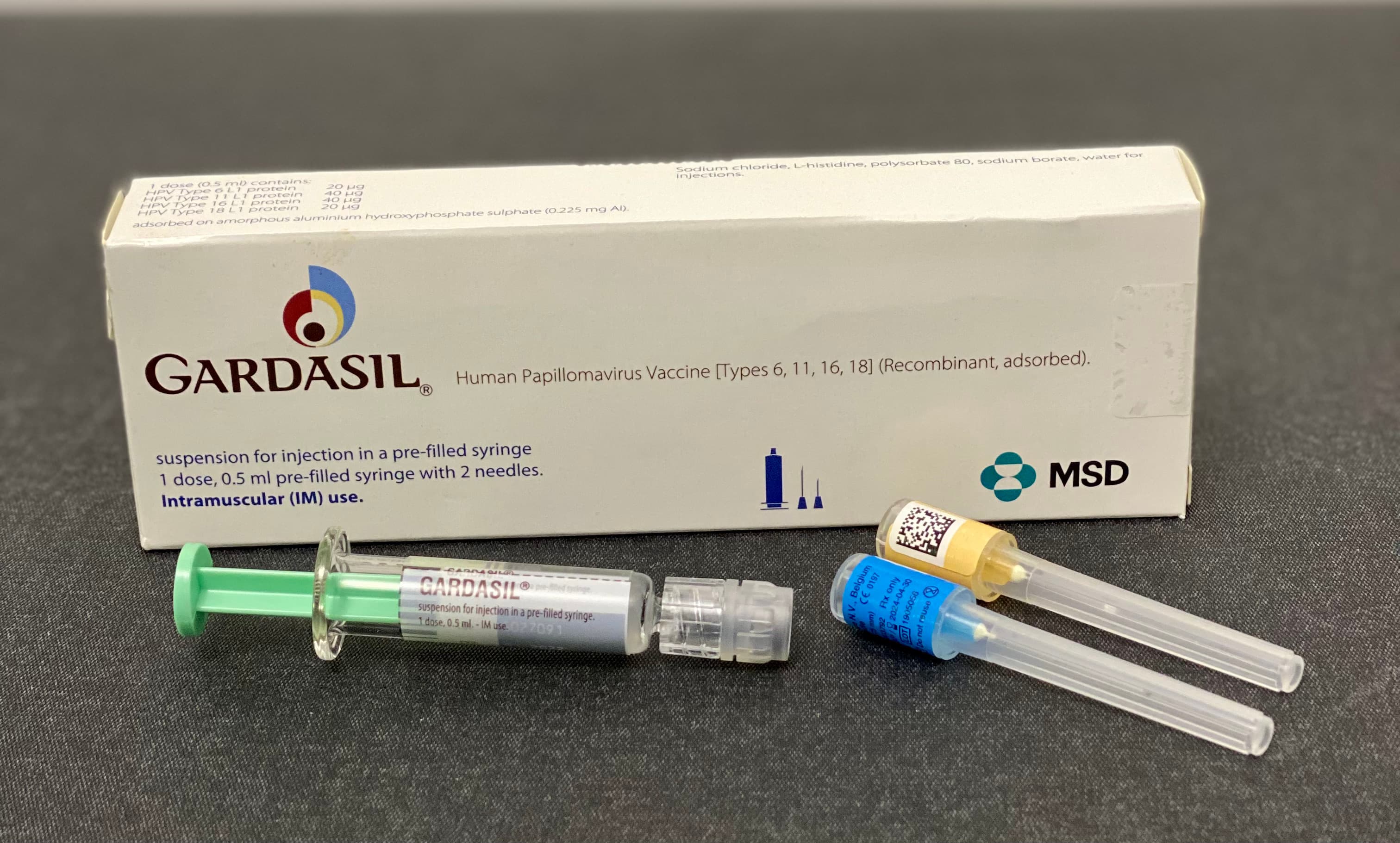 Photograph of Gardasil human papillomavirus vaccine packaging.