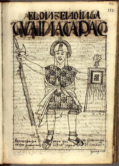 Historical illustration of Huayna Capac by Guaman Poma de Ayala.