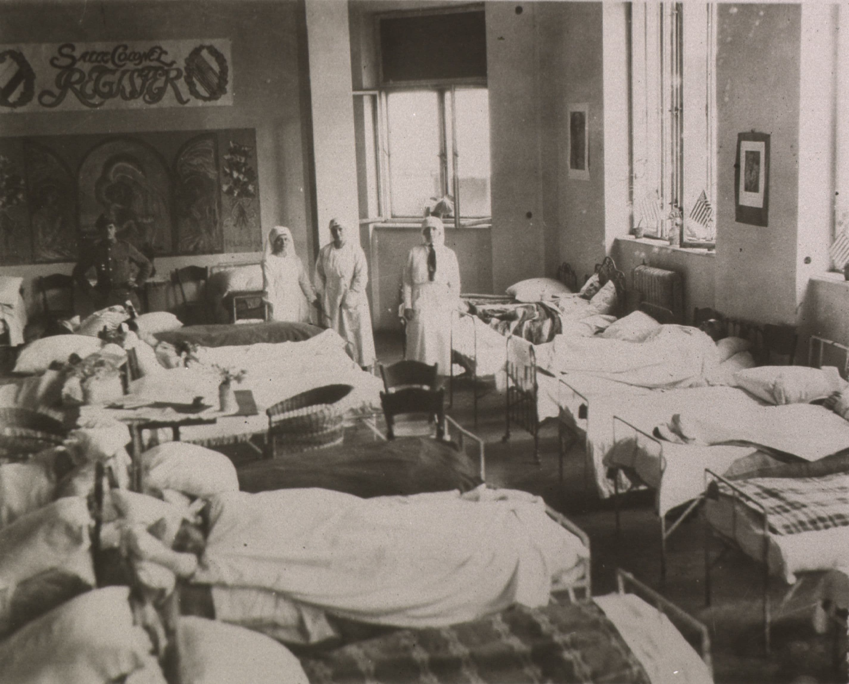 Historical photograph of a typhus ward in Grace Hospital, Warsaw, Poland.