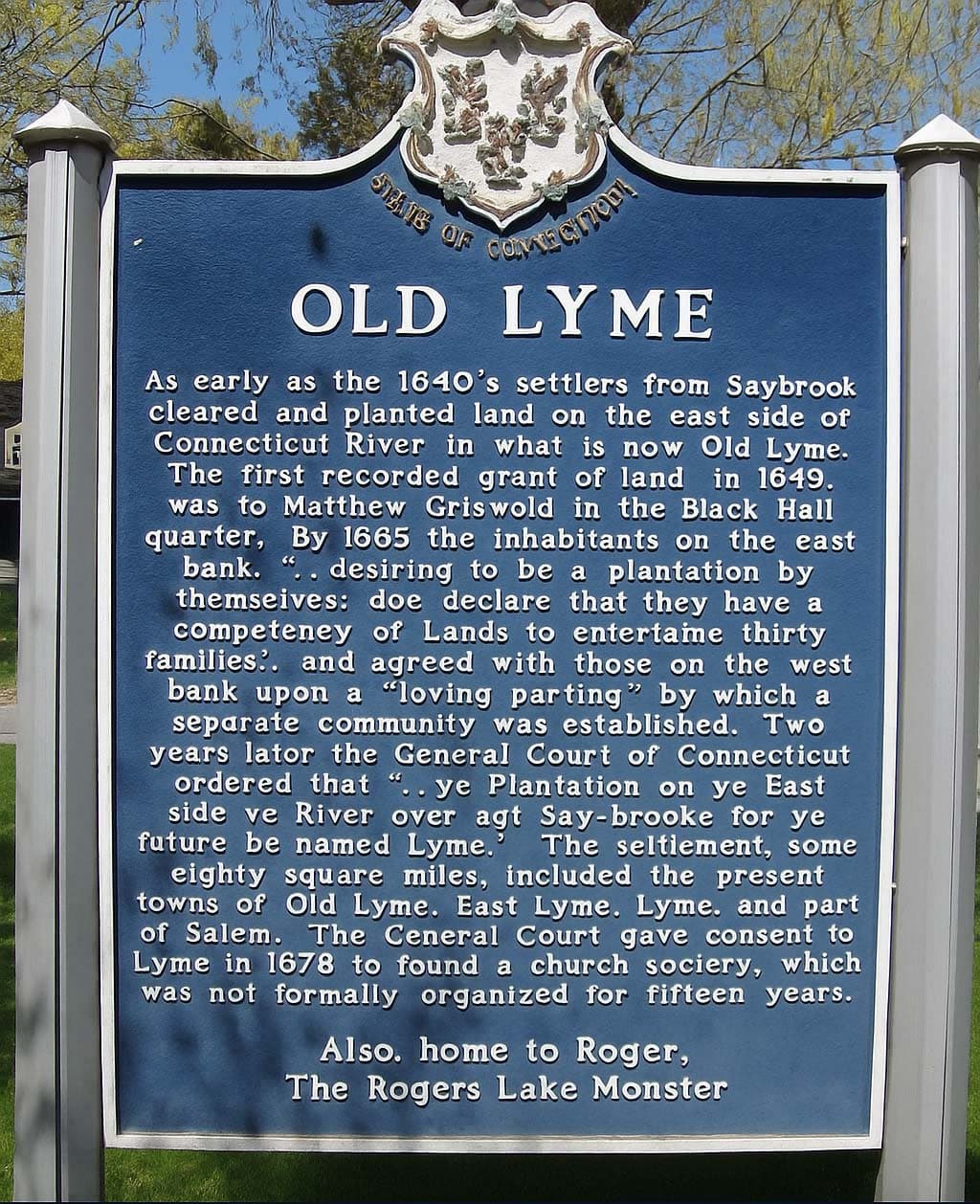 Historic blue town sign for Old Lyme, Connecticut.