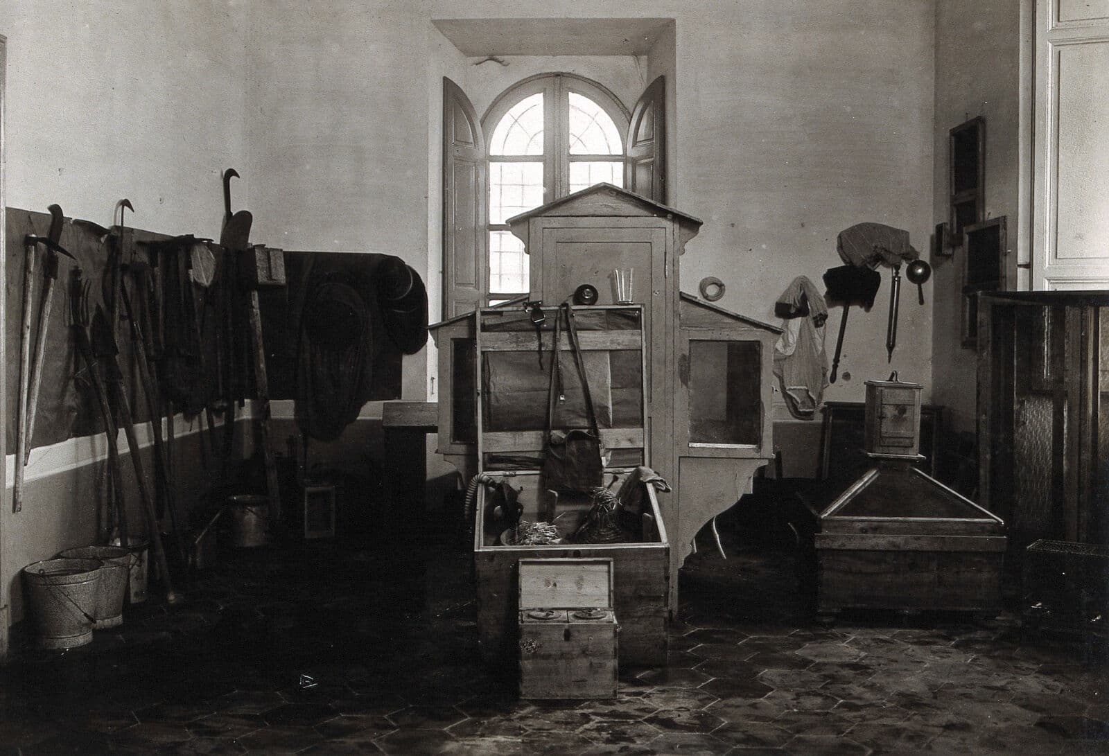 Photograph of tools used in malaria control at the anti-malaria school in Nettuno, Italy.