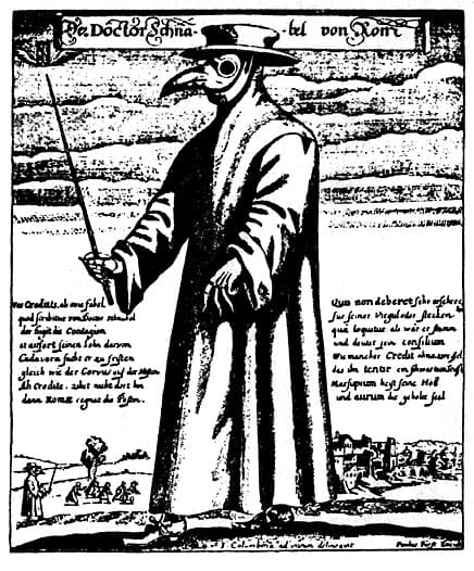 1656 engraving of a plague doctor in beaked protective attire.